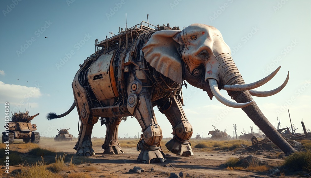 Fototapeta premium A massive mechanical elephant with energy cannons and spiked tusks, moving through a post-apocalyptic battlefield, Generative AI