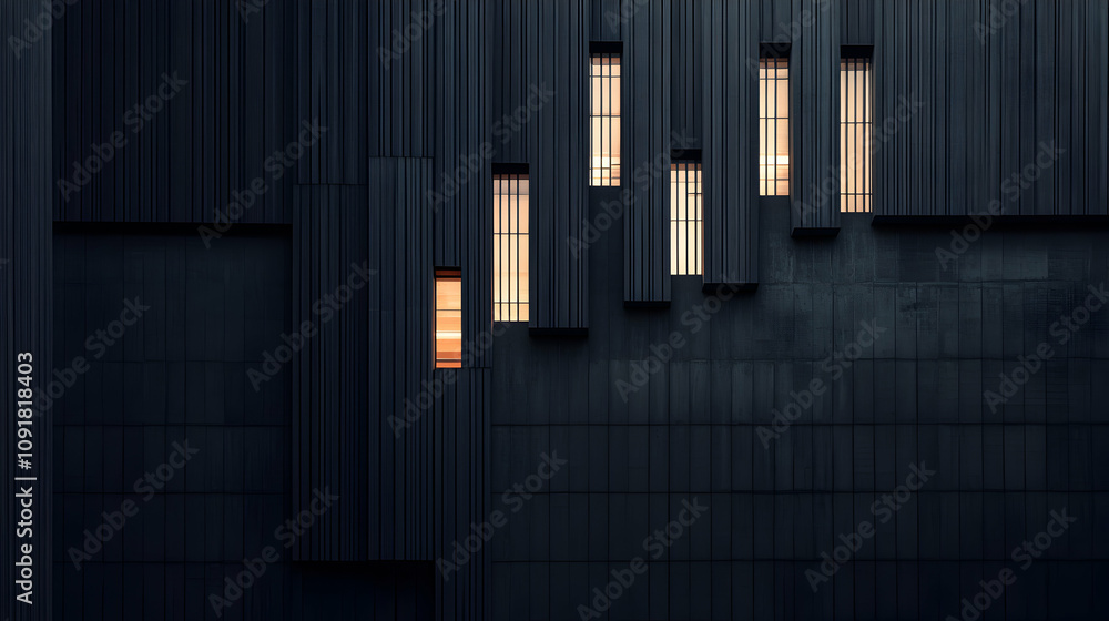 Fototapeta premium Dark, moody architectural photograph of a building exterior with illuminated windows. The image features a striking contrast of light and shadow, highlighting the building's unique design.
