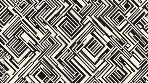 Abstract geometric pattern with black and white squares and lines, forming a seamless repeating design.