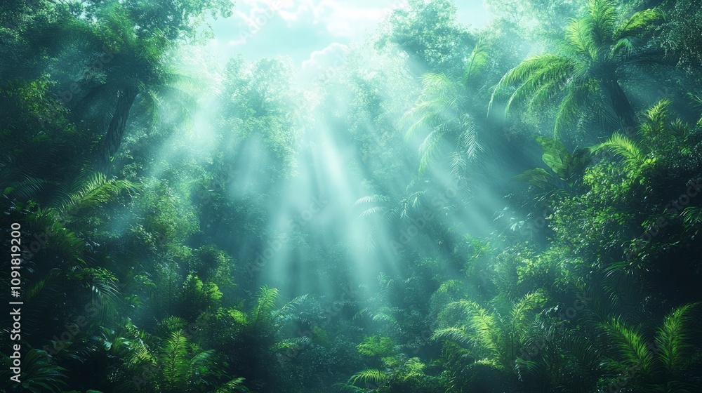 Obraz premium A stylized rainforest scene with mist filtering sunlight through trees, symbolizing untouched natural beauty. Soft, muted tones convey tranquility and reverence
