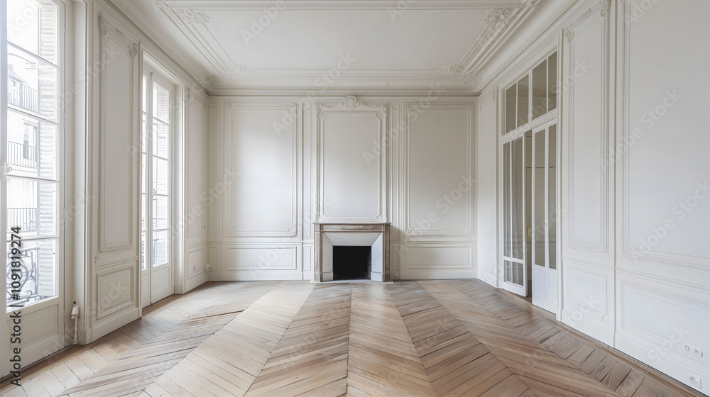 Obraz premium Une pièce spacieuse et vide d'un appartement haussmannien.