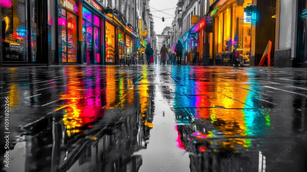 Obraz premium Colorful city street reflection in rain.