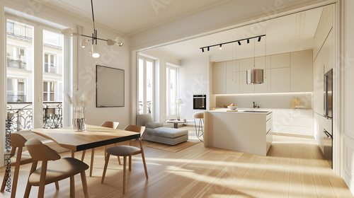 Une cuisine lumineuse et moderne avec des éléments de design minimaliste d'un appartement haussmannien. photo