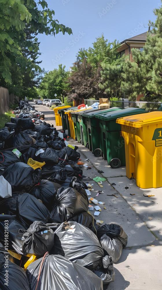 Fototapeta premium Des sacs poubelles débordants bordent le trottoir d’une rue résidentielle signifiant la grève des éboueurs. 