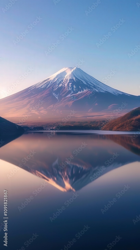 Fototapeta premium Serene Aerial View of Majestic Mountain Reflecting in Calm Ocean Waters