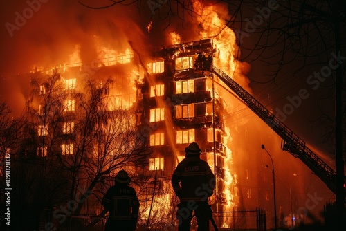 Flames engulf a multi-story residential building as firefighters deploy hoses from a ladder truck, working tirelessly to control the blaze and rescue trapped occupants.