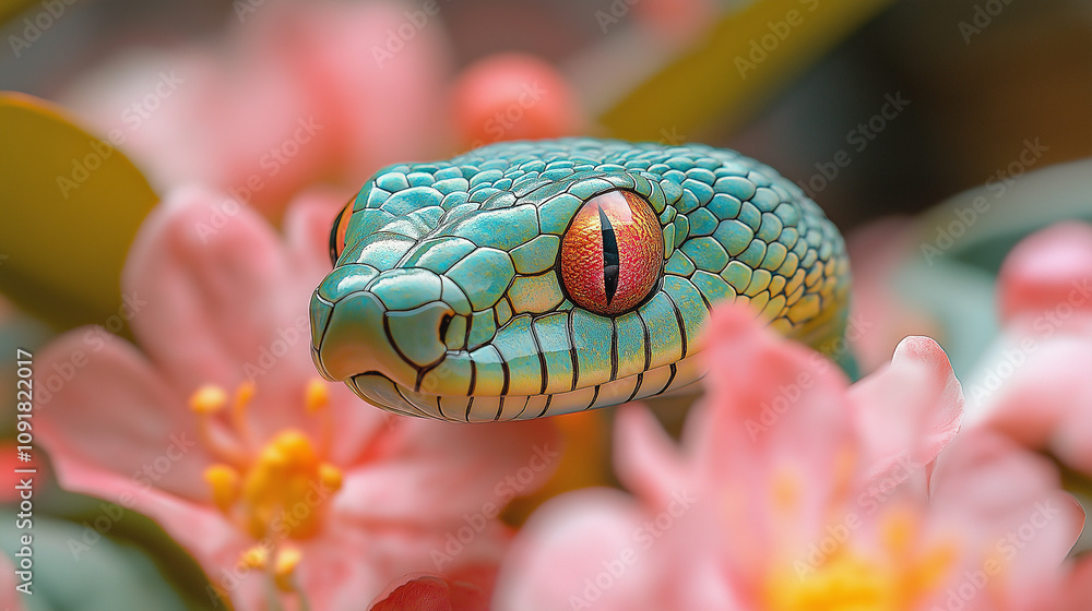 Fototapeta premium Chinese New Year 2025 - Year of Snake concept. Green snake with cherry blossoms tree branch