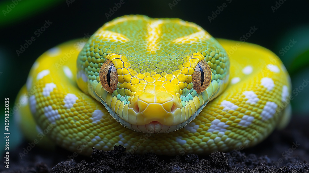 Fototapeta premium Head of a venomous green snake with beautiful eyes close up 