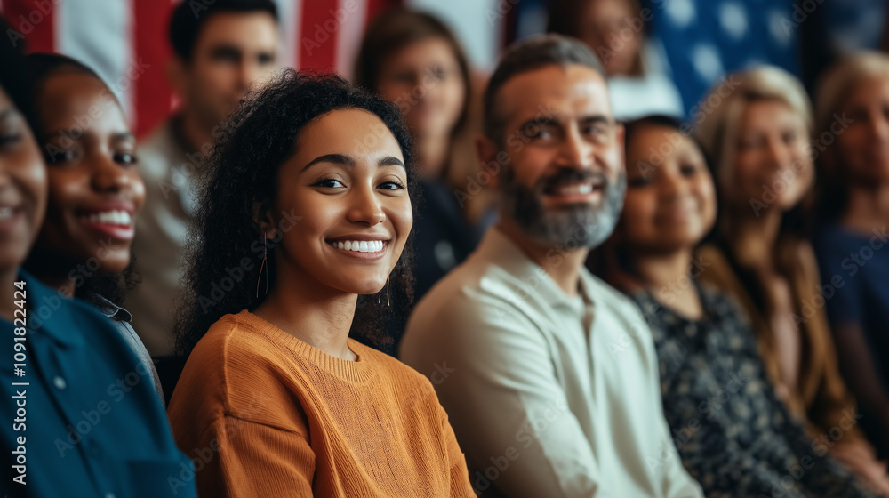Obraz premium A group of diverse individuals sit together, smiling and enjoying a community gathering. The vibrant atmosphere reflects unity and happiness among the people.
