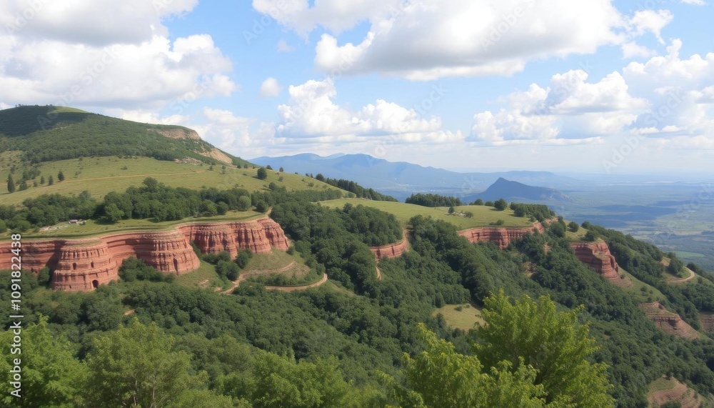 Obraz premium mountains with a green hillside and a few trees on top