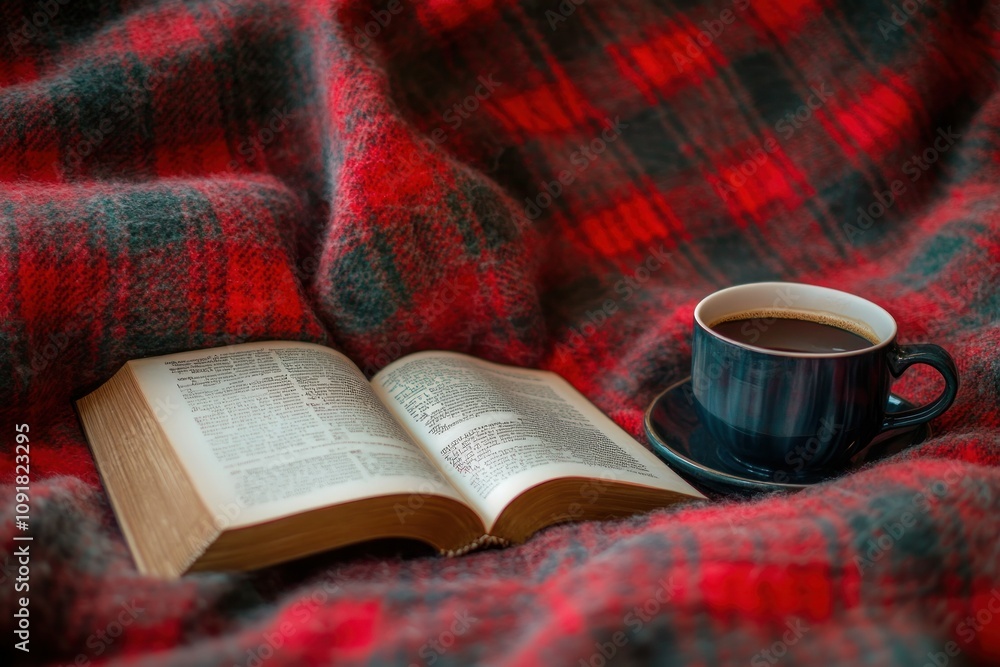 Naklejka premium Cozy Reading Moment with Coffee and Blanket