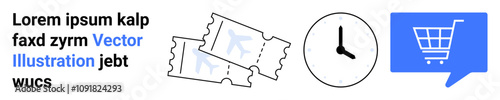 Two tickets, a clock, and a shopping cart icon in blue. Ideal for event planning, time management, scheduling, e-commerce, online shopping, ticket sales, and promotional landing page