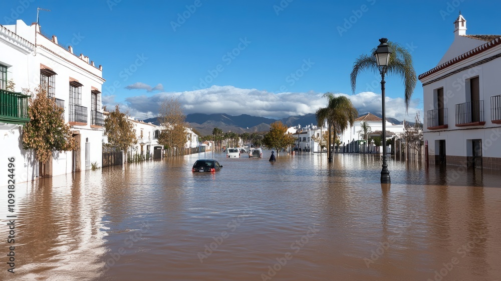 Cars submerged in water along a flooded street, with palm trees and people nearby during a coastal weather event Cars submerged in water along a flooded street, with palm trees and people nearby during a coastal weather event