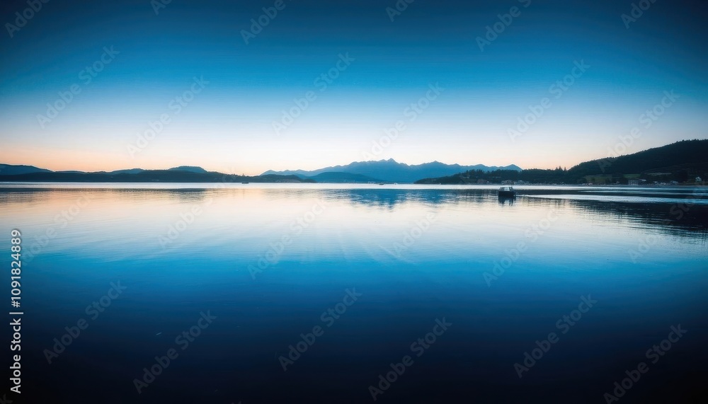 Fototapeta premium a view of a lake with mountains in the distance and a boat in the water