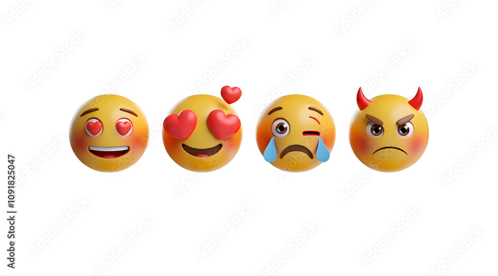 Obraz premium 3D Set of Emoticons Isolated. Round Yellow Faces with Various Emotions and Expression. Tear Smile Sad Love Happy Unhappy Like Lol Angry Wink Laughter Emoji Character Collection. Vector Illustration 