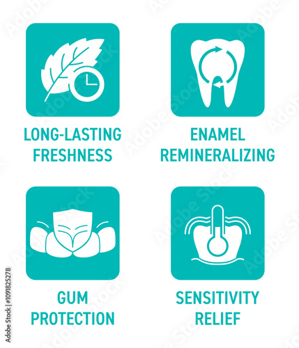 Icons set with toothpaste main characteristics in square shape