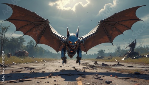 A giant robotic bat with steel wings and sonic shockwaves, swooping down on an abandoned battlefield, Generative AI photo