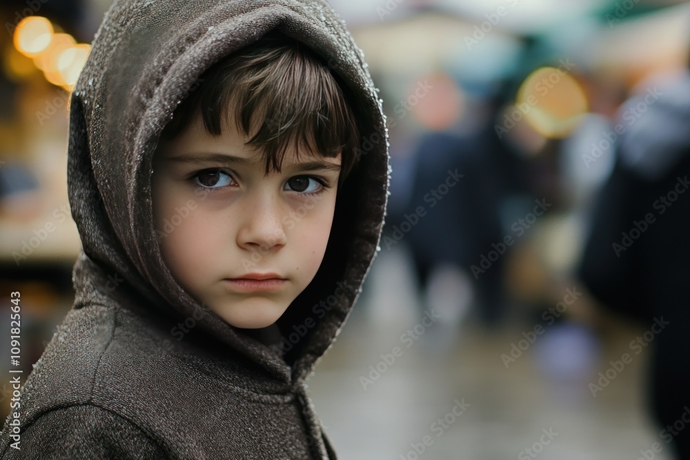 Young Boy in a Hooded Jacket on a Rainy Day Young Boy in a Hooded Jacket on a Rainy Day