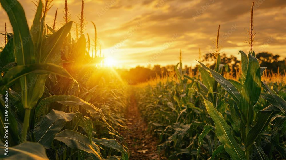 Fototapeta premium organic corn field or maize field at agriculture farm in the morning sunrise 