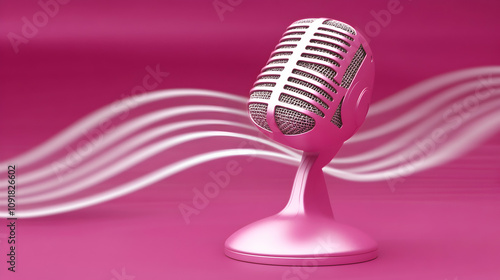 Retro pink microphone on a pink background with sound waves. Perfect for podcasting, music, or vintage themes.