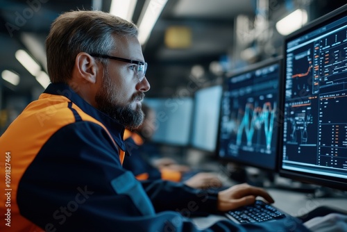 An engineer intensely monitors multiple control screens, donning safety gear, in a technologically advanced setting indicative of a modern industrial environment. photo