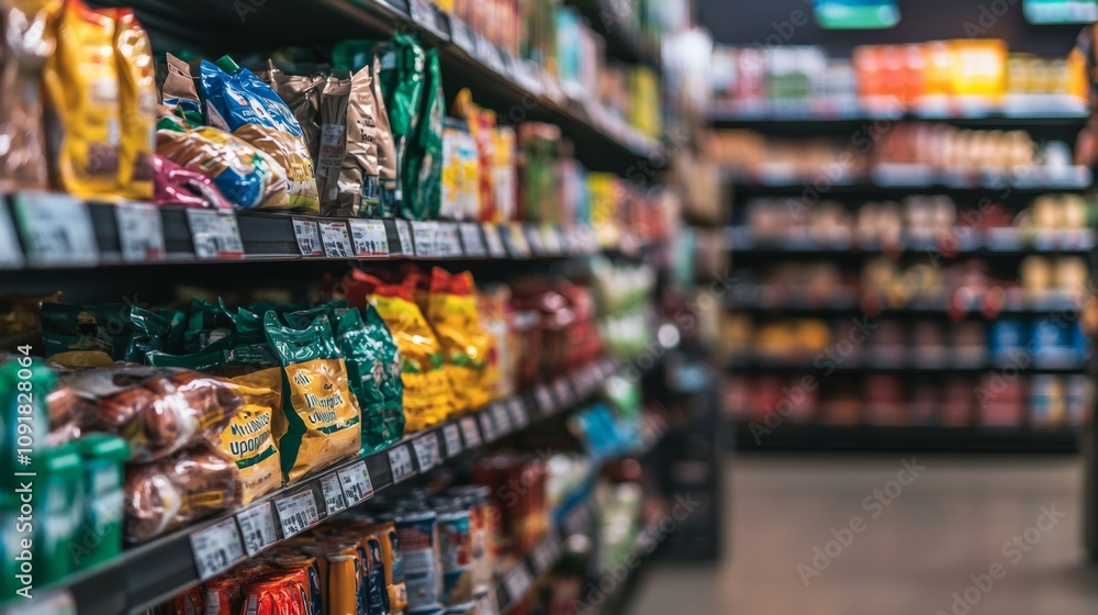 Obraz premium Variety of packaged goods on grocery store shelves