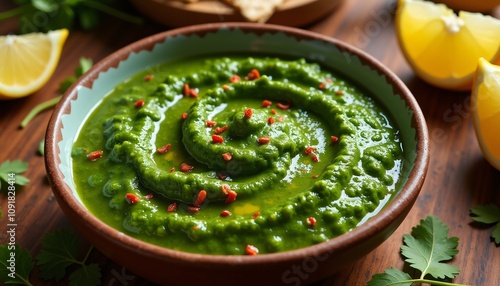 Zesty green Chermoula sauce served in a bowl with lemon wedges and fresh herbs photo