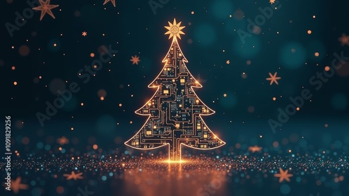 microchip christmas tree gold with glitter on dark background, it technology, new year, copy space photo