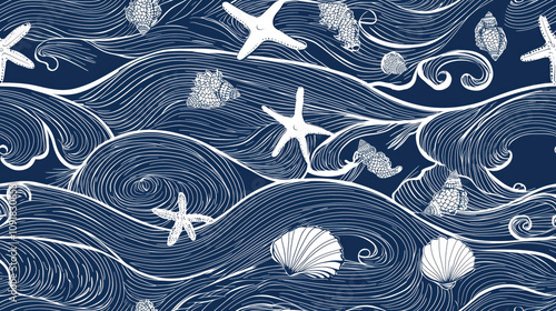 A blue and white ocean scene with a starfish and shells