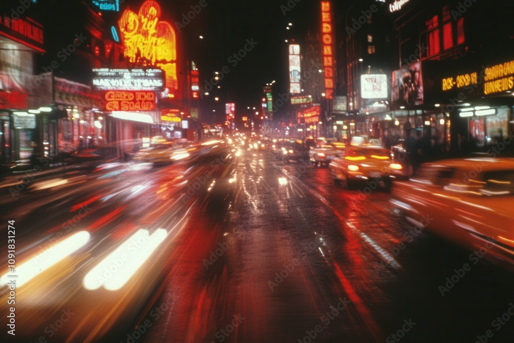 Fototapeta premium Taxis speeding through times square in the rain at night