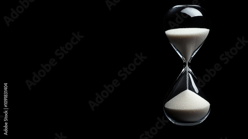 Hourglass with white sand on black background symbolizing time