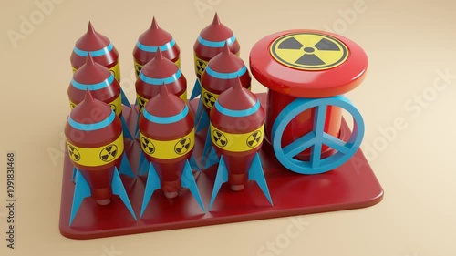 3d animation of the arsenal of nuclear missiles and the start button. The button is blocked by the pacificus sign, an anti-militarist symbol. The idea of the need to stop the nuclear threat. photo