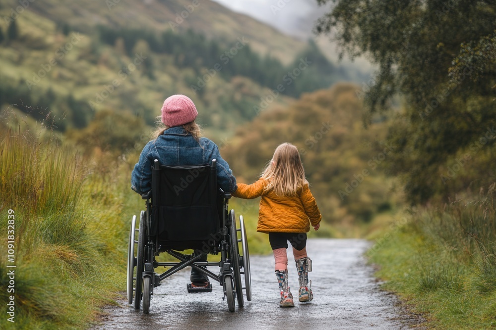 Woman in wheelchair and daughter enjoying nature walk in countryside Woman in wheelchair and daughter enjoying nature walk in countryside