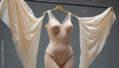 A bodysuit designed from sheets of edible rice paper, creating a delicate and translucent design that looks almost like fabric, draped on a hanger, Generative AI photo