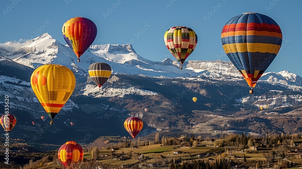 Fototapeta premium Colorful hot air balloons flying over snow-capped mountains.