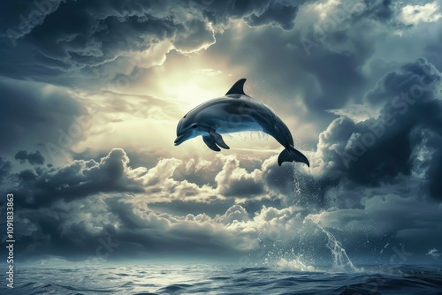 Dolphin leaps majestically through dramatic cloudy skies over the ocean at sunset, creating a serene yet powerful moment in nature