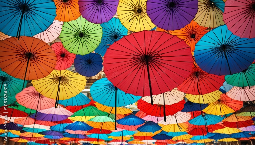Obraz premium A skirt made from intricately arranged cocktail umbrellas, creating a whimsical, tropical look as it hangs on a hanger, Generative AI