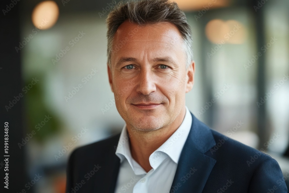 Fototapeta premium Close-up headshot Confident European mature, good looking middle aged leader, male businessman CEO on blurred office background. Handsome senior European businessman smiling at camera