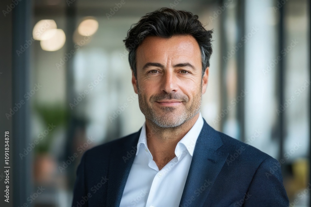 Fototapeta premium Close-up headshot Confident European mature, good looking middle aged leader, male businessman CEO on blurred office background. Handsome senior European businessman smiling at camera