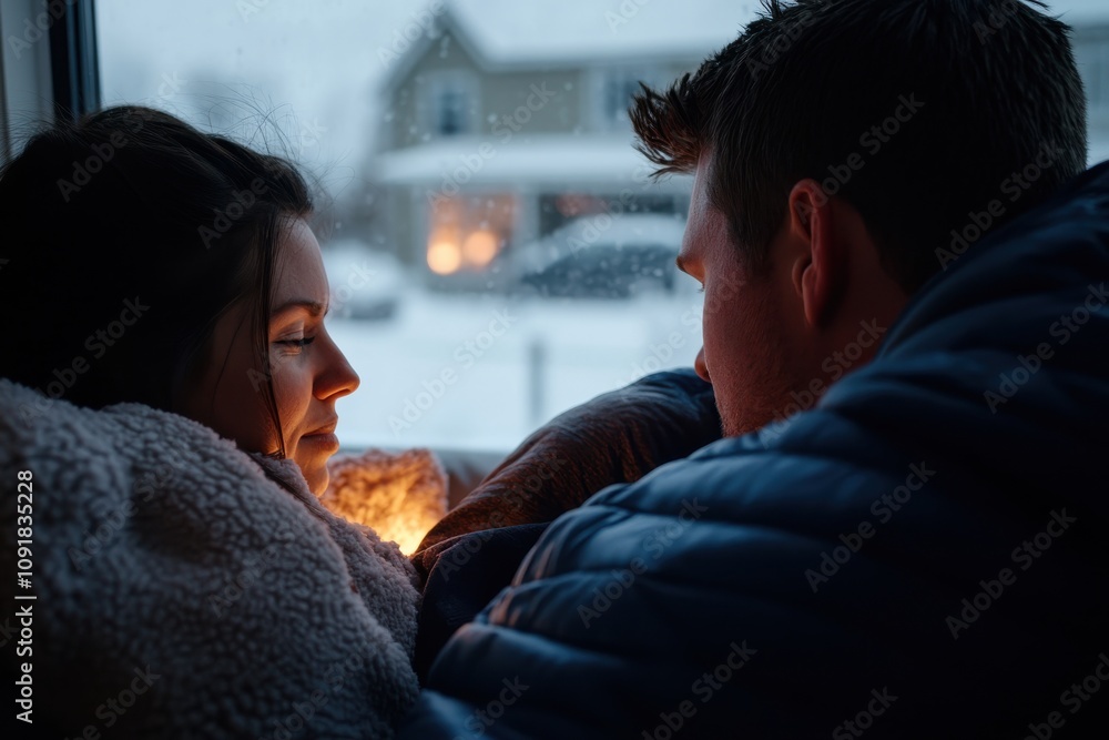 Fototapeta premium A couple sharing a joyful moment by a window during snowfall, radiating warmth and connection as they gaze into each other’s eyes with a flickering candle.