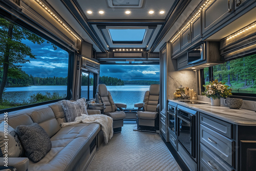 A luxury motorhome interior, lake view through window. photo