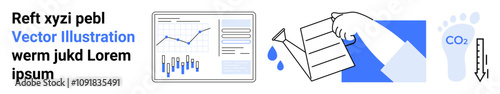 Graph screen, hand holding document, water droplet, CO2 footprint and arrow. Ideal for business analytics, sustainable development, environmental impact, data reporting, carbon footprint reduction