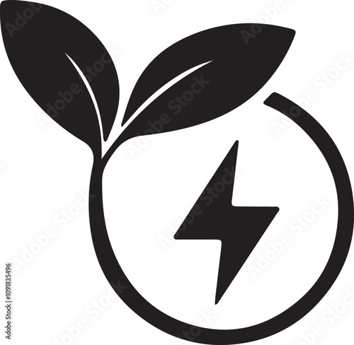 Illustration of two leaf stems surrounding an electricity symbol, such as a lightbulb or plug, representing eco-friendly energy