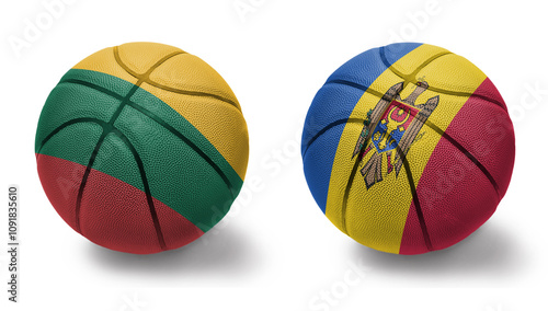 Cuadro en lienzo basketball balls with the national flags of moldova and lithuania on the white background
