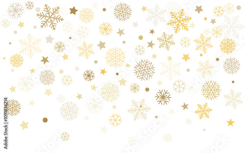 Christmas snowflakes background. Winter gold snow falling minimal decoration, greeting card. Noel subtle backdrop. Vector illustration	