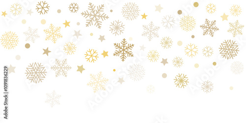 Christmas snowflakes background. Winter gold snow falling minimal decoration, greeting card. Noel subtle backdrop. Vector illustration	