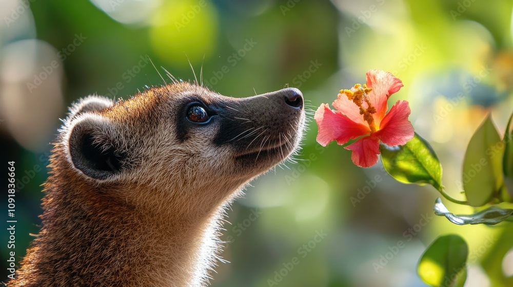 Obraz premium Coati sniffing colorful flower in green, blurred background