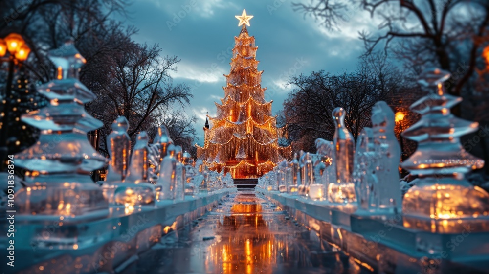 Naklejka premium A festive winter scene featuring a decorated Christmas tree.