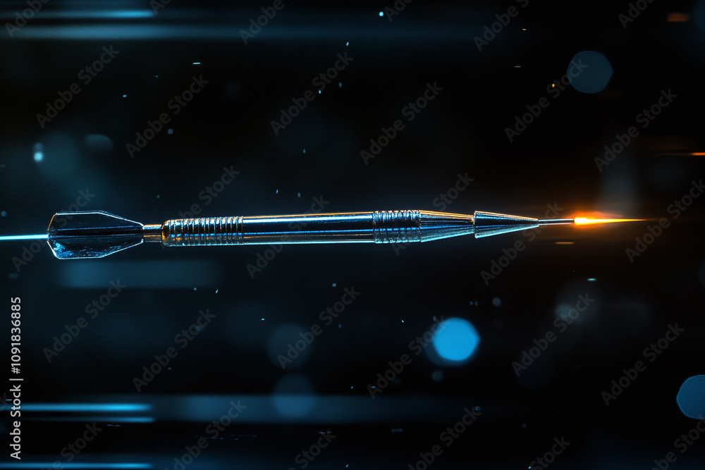 A sleek metal dart frozen mid-flight approaching illuminated bullseye. A sleek metal dart frozen mid-flight approaching illuminated bullseye.