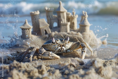 Colorful crab exploring a sandy beach with sandcastles during sunset, showcasing nature's beauty in a coastal setting